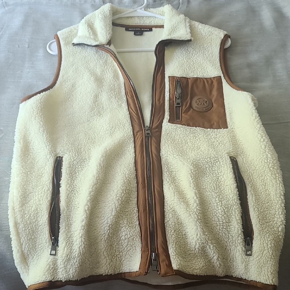 Michael Kors Cream and Tan Fleece Vest with Leather Accents
